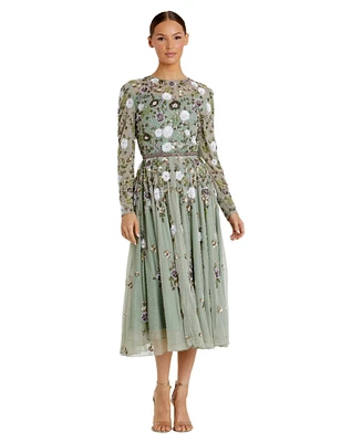 Mac Duggal Women's Sequined Floral Long Sleeve High Neck Midi Dress