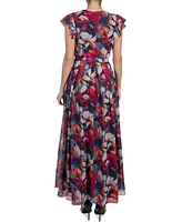 Donna Ricco Women's Printed Flutter-Sleeve Maxi Dress