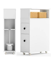 Movable Bathroom Storage Cabinet Narrow Toilet Side Paper Holder w/ 2 Drawers