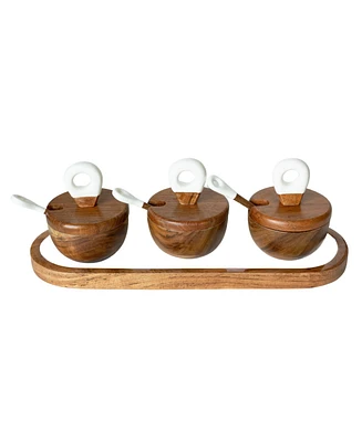 Jeanne Fitz Wood Plus Collection 3 Dipping Bowls with Lids, Spoons and Tray, Set of 7