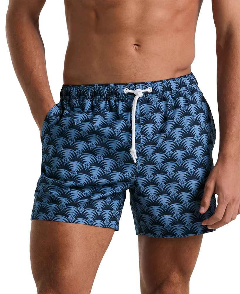 Original Penguin Men's Slim Fit Geo Palm Print Drawstring 5" Swim Trunks