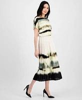 Anne Klein Womens Printed Dolman Sleeve Top Pleated Pull On Midi Skirt