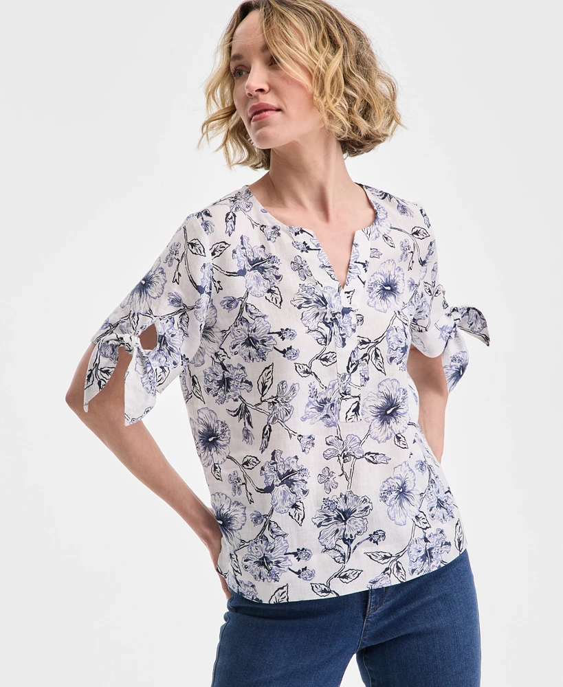 Charter Club Women's Hibiscus Garden 100% Linen Tie-Sleeve Top, Exclusively at Macy's