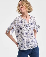 Charter Club Women's Hibiscus Garden Linen Tie-Sleeve Top, Exclusively at Macy's