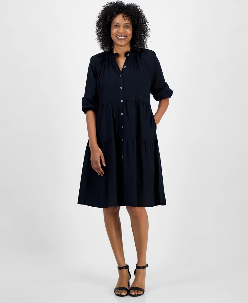 Style & Co Petite Smocked 3/4-Sleeve Tiered Shirtdress, Exclusively at Macy's