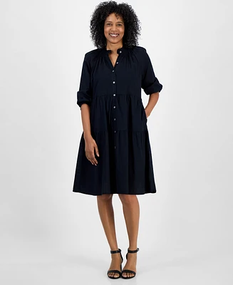 Style & Co Petite Smocked 3/4-Sleeve Tiered Shirtdress, Exclusively at Macy's