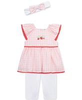 Little Me Baby Girls 3-Pc. Strawberry Check Top, Leggings & Headband Set