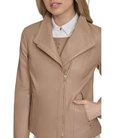 Cole Haan Women's 20 1/2” Moulded Collar Asymmetric Leather Jacket