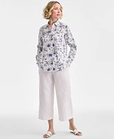 Charter Club Women's Linen Floral-Print Roll-Tab Shirt, Exclusively at Macy's