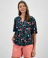 Style & Co Women's Printed Flutter-Sleeve Split-Neck Top, Created for Macy's