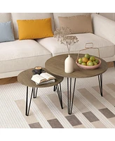 27.56'' Round Nesting Coffee Table Set of 2, Circular Nesting End Table Set, Round Wooden Tabletop, and Sturdy Metal Base, Brown