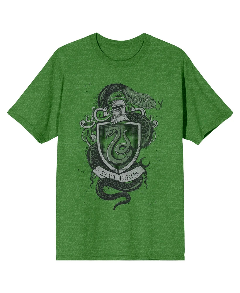 Harry Potter Slytherin House Crest Crew Neck Short Sleeve Kelly Green Heather Men's T-shirt-3XL