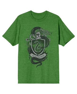 Harry Potter Men's Slytherin House Crest Crew Neck Short Sleeve Kelly Green Heather T-shirt-xl