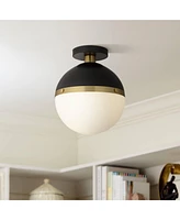 McGraw 10" Mid Century Modern Semi Flush-Mount Ceiling Light Fixture Kitchen Foyer Hallway Round Globe Antique Brass and Black Finish White Glass