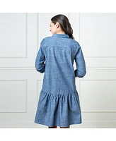 Hope & Henry Women's Organic Chambray Long Sleeve Drop Waist Shirt Dress