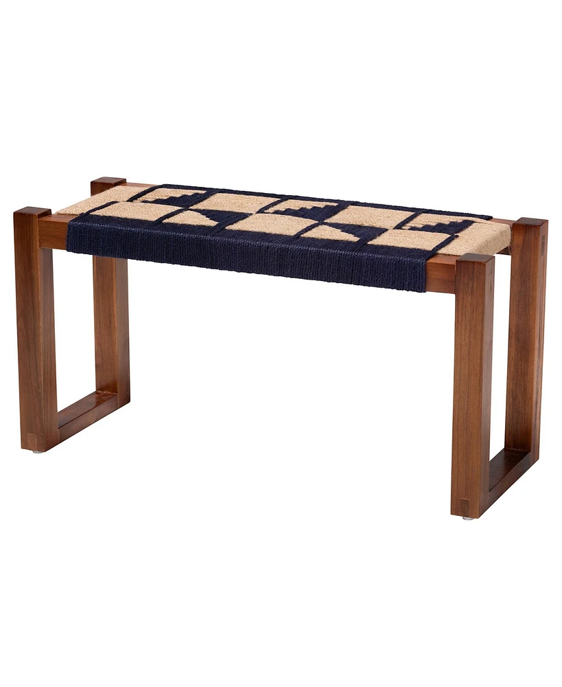 bali & pari Jerilyn Modern Bohemian Two-Tone Navy Blue and Natura Brown Seagrass and Acacia Wood Accent Bench