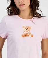 Rebellious One Juniors' Teddy Bear Bow Mineral Wash Graphic T-Shirt