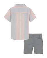 Calvin Klein Toddler and Little Boys 2-Piece Striped Woven Button Front Washed Twill Shorts Set