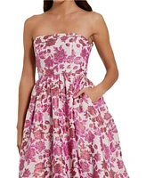 Women's Floral Brocade Strapless A Line Midi Dress