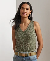 Lauren Ralph Women's Beaded Mesh Sleeveless Blouse