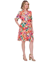 Eliza J Petite Printed V-Neck Elbow-Sleeve Tie-Waist Dress