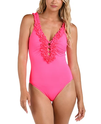 La Blanca Women's Island Goddess Ruffle Plunge One-Piece Swimsuit