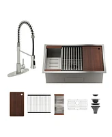 32'' Stainless Steel Kitchen Sink Faucet Sets, Undermount Single Bowl with Cutting Board, Roller Blind, Drain Basket, Grid and Drainer