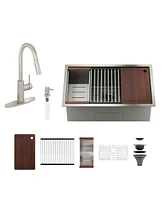 32'' Stainless Steel Kitchen Sink Faucet Set, and Pull-Down with Cutting Board, Roller Blind, Drain Basket, Grid