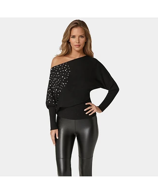 Bebe Women's Off Shoulder Studded Dolman Sleeve Sweater