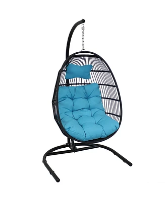 Julia Hanging Egg Chair with Red Cushions - Black Polyethylene Wicker Frame with Steel Stand - 76 Inches Tall