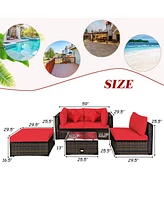 Gymax 5PCS Rattan Sectional Sofa Set Patio Furniture Set w/ Red Cushion Pillow