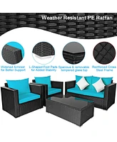 Gymax 4PC Rattan Patio Furniture Set Outdoor Wicker With Turquoise Cushion