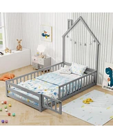 Montessori Floor Bed with Lockable Door and Full-Length Guardrail