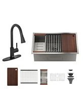 30'' Stainless Steel Kitchen Sink Faucet Sets, Kitchen Sink Single Bowl with Cutting Board, Roller Blind, Drain Basket, Drain Grid and Drainer