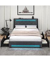 Queen Size Upholstered Platform Bed Frame with Led Lights and Charging Station-Grey