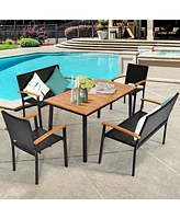 Gymax 5PCS Rattan Outdoor Dining Set Patio Furniture Set w/ Wooden Tabletop