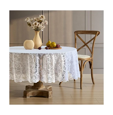 Hlc.me Scroll Lace Fabric Tablecloth, Lace Fabric Table Cloth Round Tables, Wrinkle Resistant Tablecloth, Patterned Scalloped Tablecloth