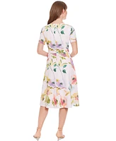 London Times Petite Printed Tie-Neck Fit & Flare Dress