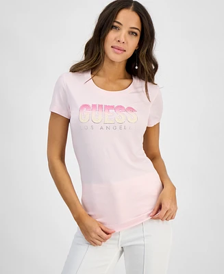 Guess Women's Glitter-Logo Short-Sleeve Crewneck Top