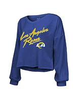 Majestic Threads Women's Puka Nacua Royal Los Angeles Rams Off-Shoulder Script Player Name Number Cropped Long Sleeve V-Neck T-Shirt