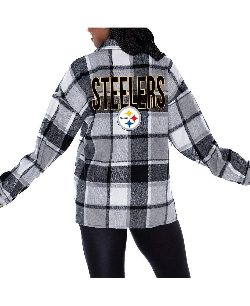 Gameday Couture Women's Gray Pittsburgh Steelers Fieldside Fun Plaid Button-Up Overshirt