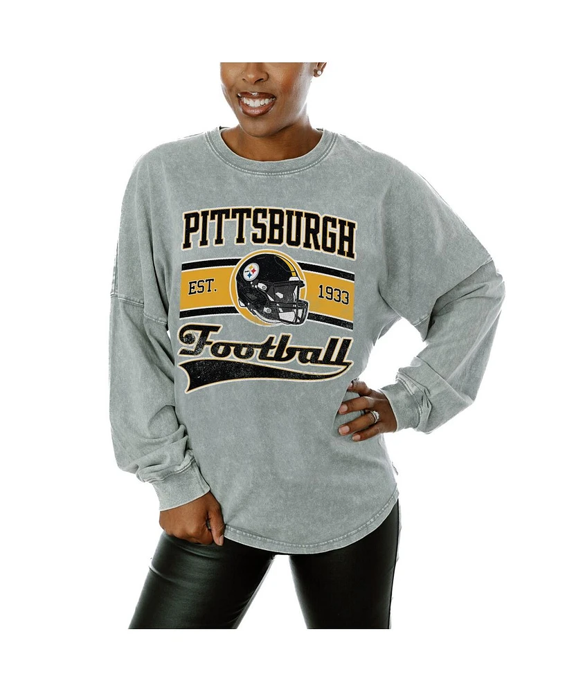 Gameday Couture Women's Gray Pittsburgh Steelers Snow Wash Oversized Long Sleeve T-Shirt