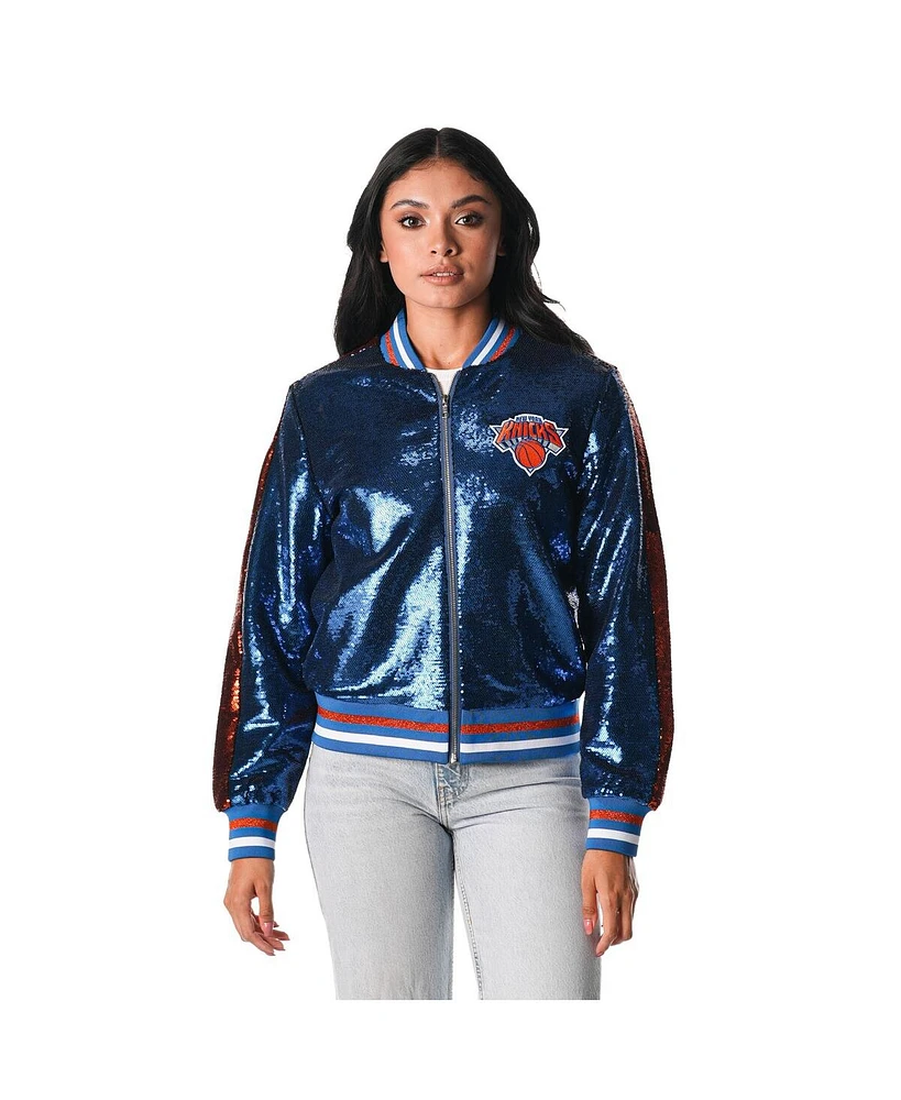 The Wild Collective Women's Blue New York Knicks Sequin Bomber Full-Zip Jacket