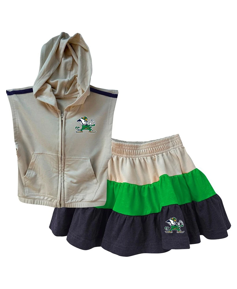 Wes & Willy Girls Toddler Tan/Navy Notre Dame Fighting Irish Tri-Blend Sleeveless Full-Zip Hoodie Tiered Skirt Set