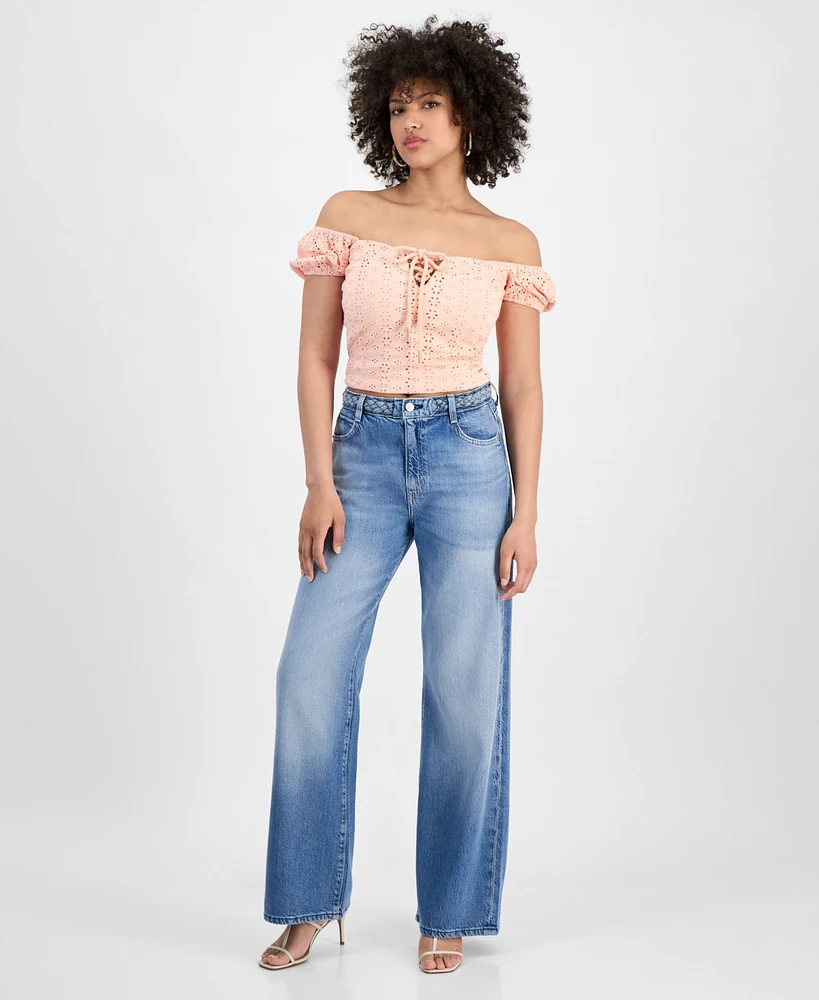 Guess Women's Braided-Waist Wide-Leg High-Rise Jeans