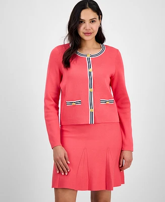 Tahari Asl Women's Striped-Trim Long-Sleeve Cardigan
