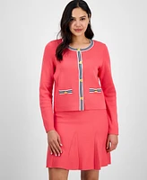 Tahari Asl Women's Striped-Trim Long-Sleeve Cardigan
