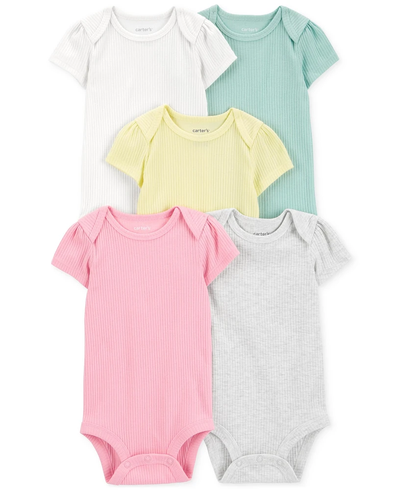 Carter's Baby Girls Short-Sleeve Ribbed Bodysuits, Pack of 5