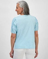 Style & Co Petite Solid Applique Cotton Short-Sleeve Blouse, Exclusively at Macy's