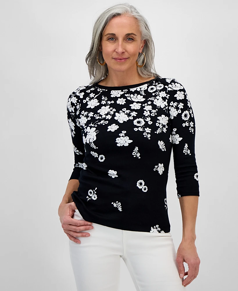 Style & Co Petite Raining Flower Pima Cotton Top, Created for Macy's
